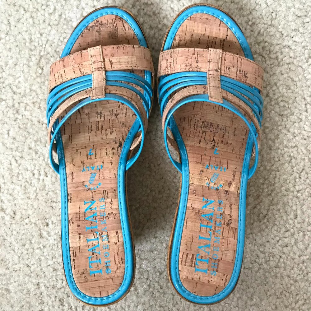 Italian Shoemakers Blue Cork Wedge Sandals Size 7